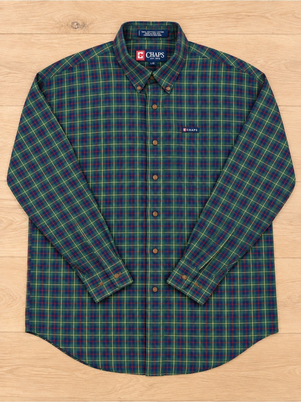 Vintage Chaps Ralph Lauren Plaid Shirt Green Tartan 100% Cotton L
